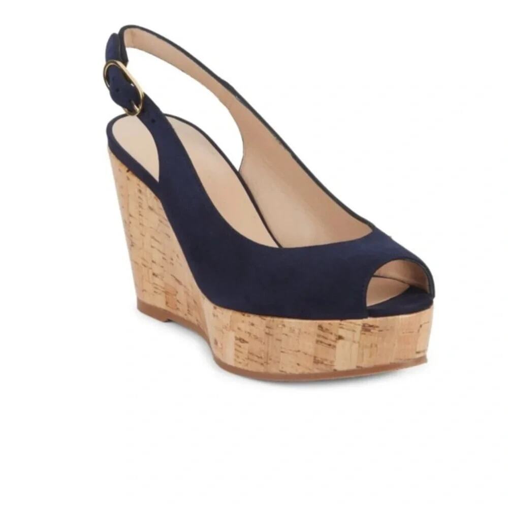 Stuart Weitzman Jean Blue Suede Pump Platform Slingback Cork Wedge Peep Toe 39 9